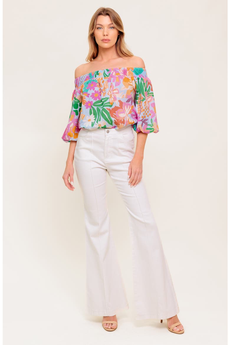 Printed Off The Shoulder Top, Alternate, color, DUSTY BLUE/ ORANGE