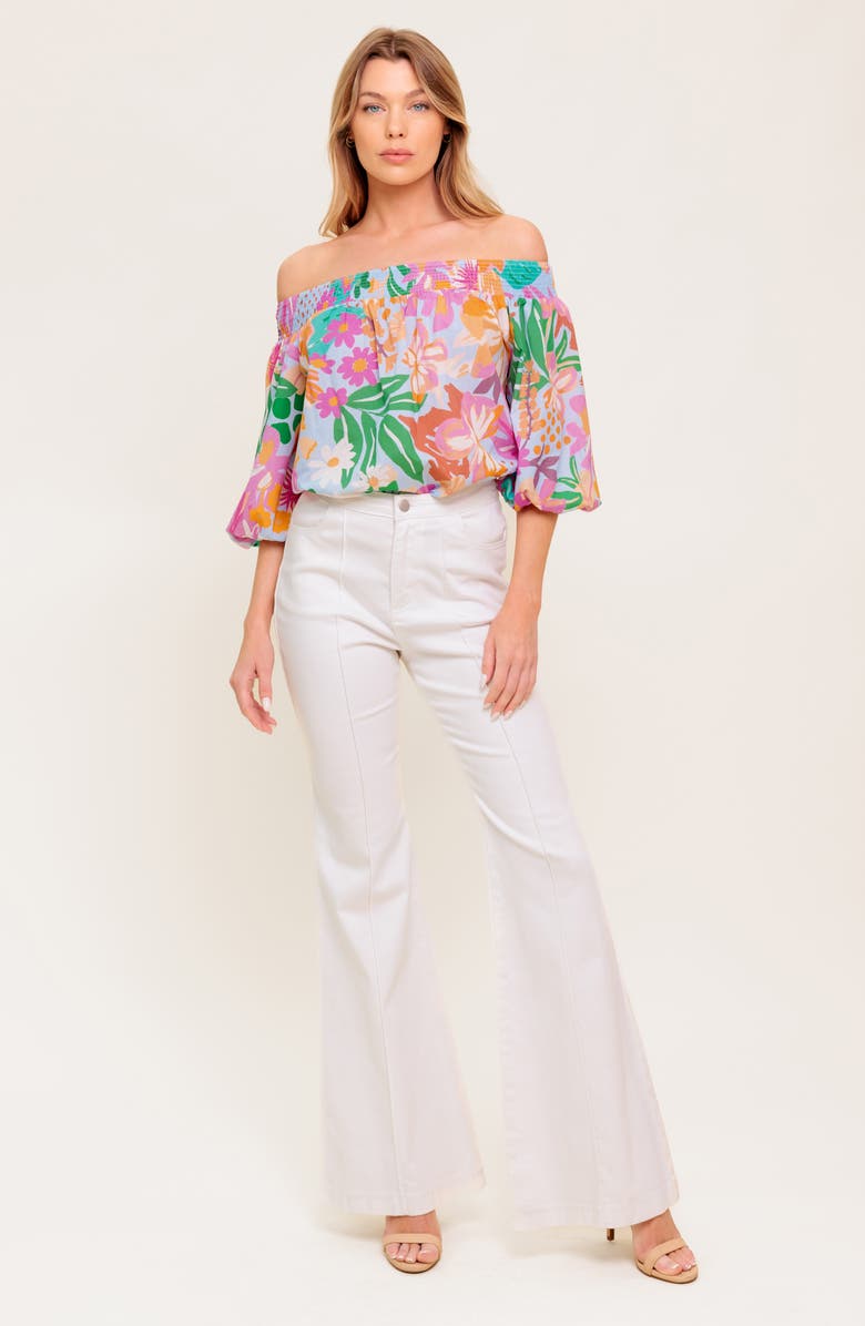 FLYING TOMATO Printed Off The Shoulder Top, Alternate, color, Dusty Blue/ Orange