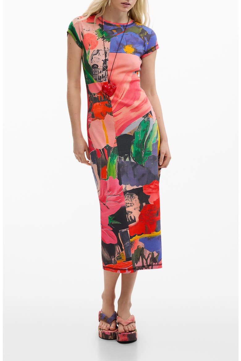 Mixed Print Stretch Cotton Knit Dress, Main, color, PINK