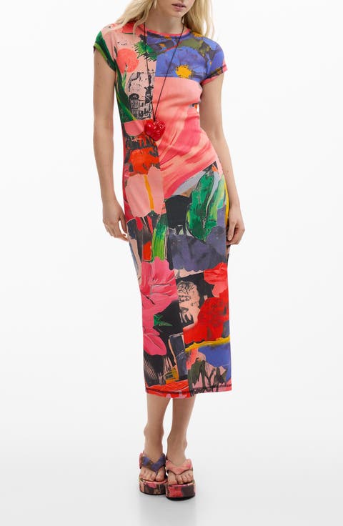 Mixed Print Stretch Cotton Knit Dress