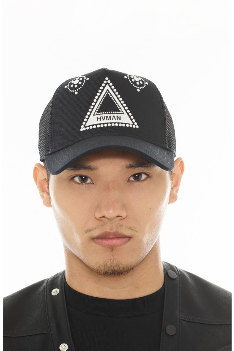Triangle Logo Snapback Trucker Hat, Alternate, color, BLACK