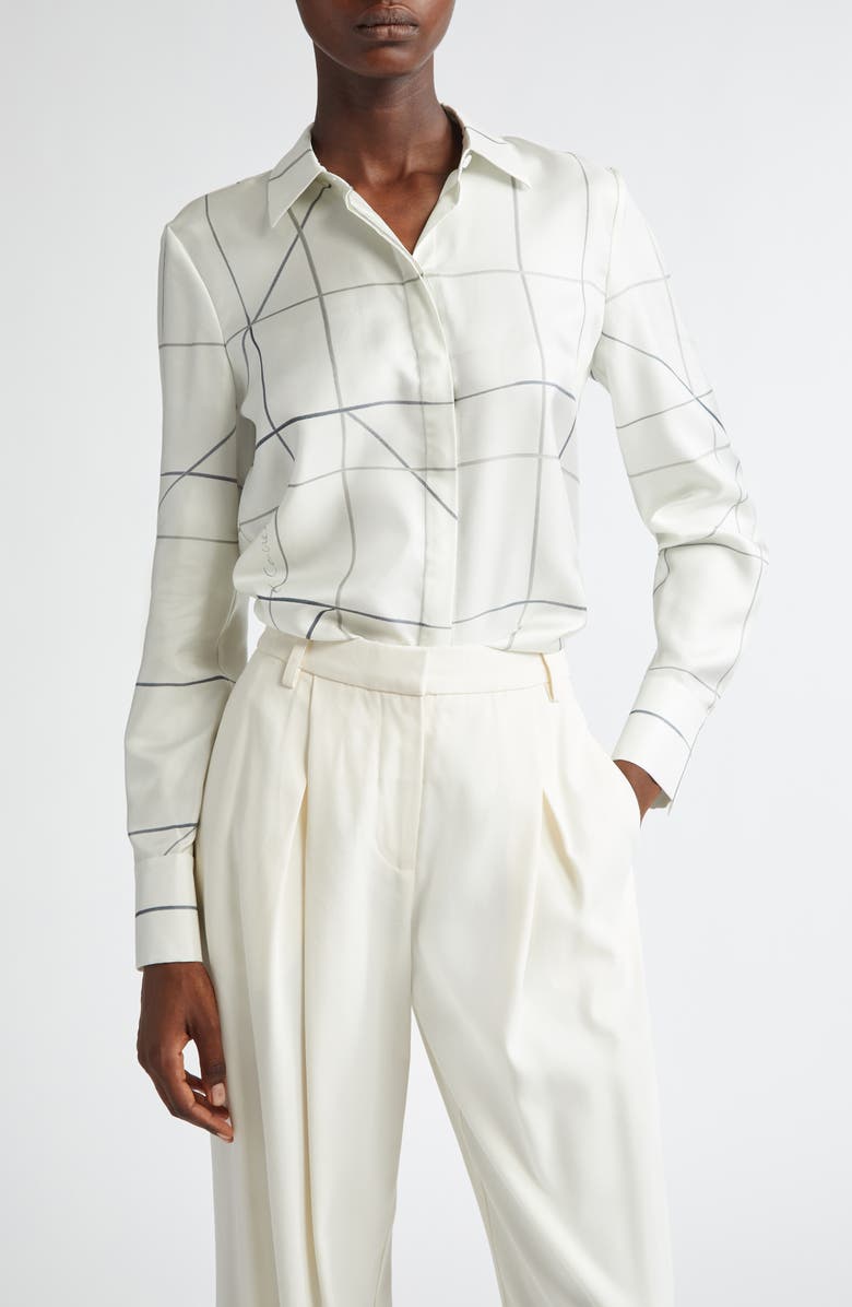 Lafayette 148 New York Scottie Floor Plan Print Silk Button-Up Shirt, Main, color, 