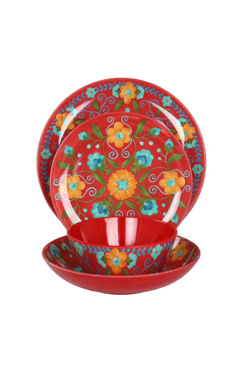 Laurie Gates California Designs Elena Amour 16 Piece Floral Round Melamine Dinnerware Set, Alternate, color, Multi
