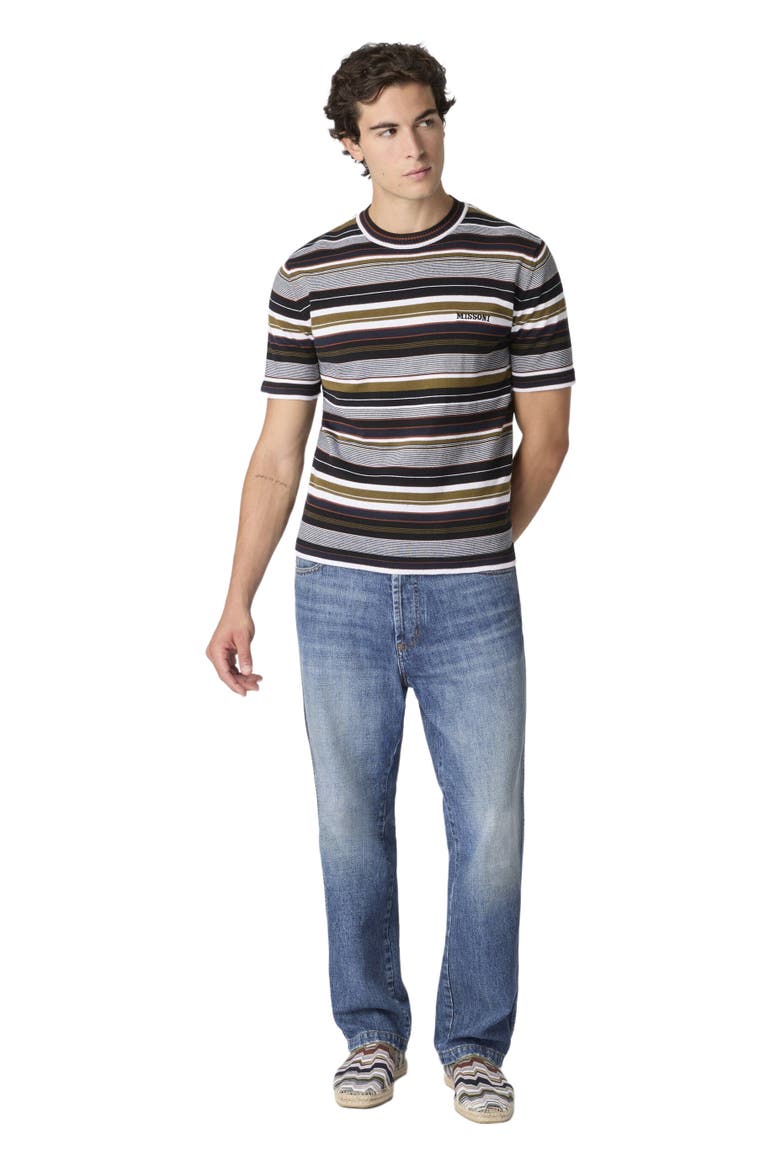 Striped Crew-neck Cotton T-shirt With Embroidered Logo Lettering, Main, color, Beige& Grey
