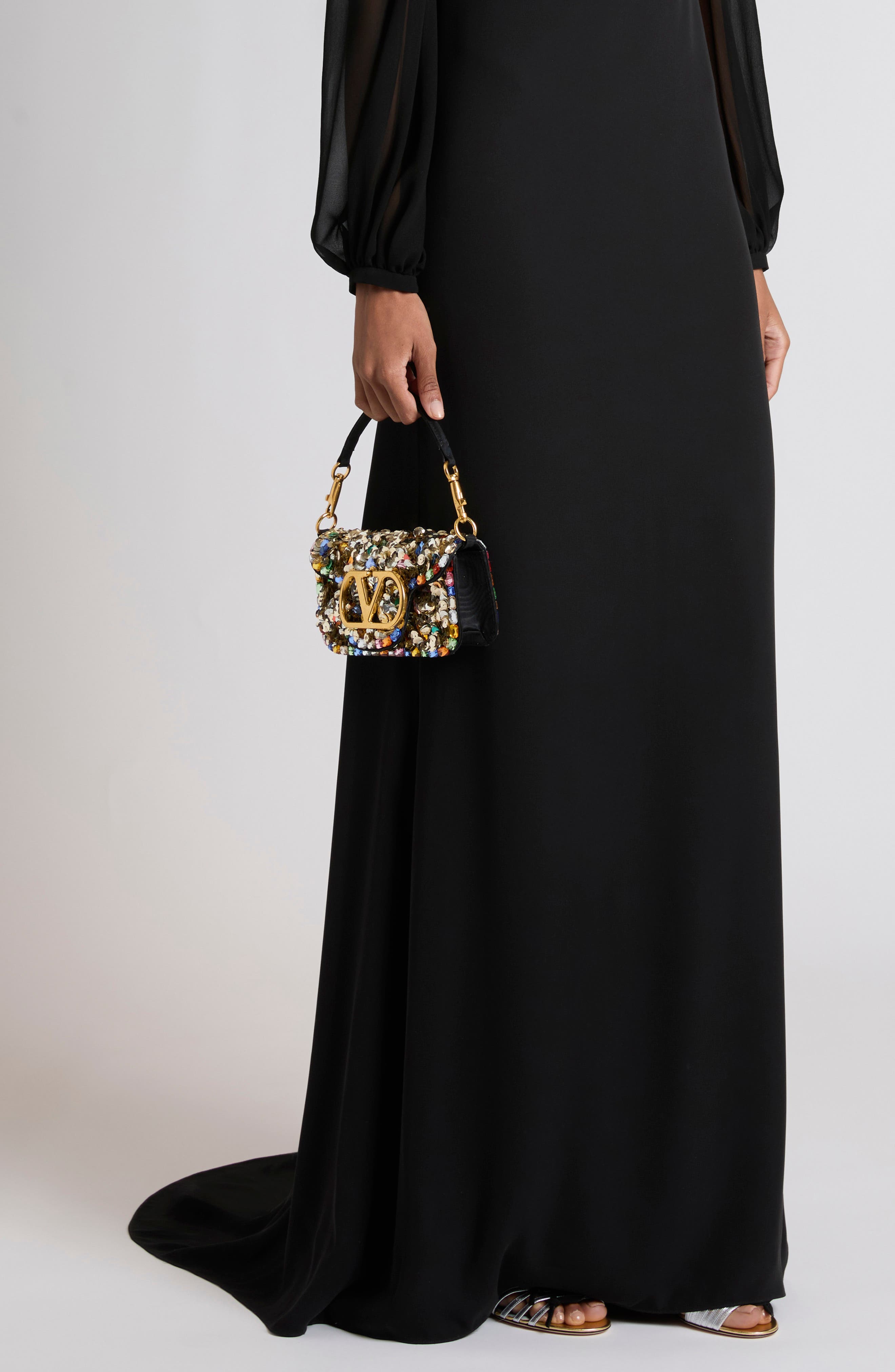 Valentino Garavani Small Locò VLOGO Paillette & Crystal Silk Satin Shoulder Bag, Alternate, color, Gold Multi