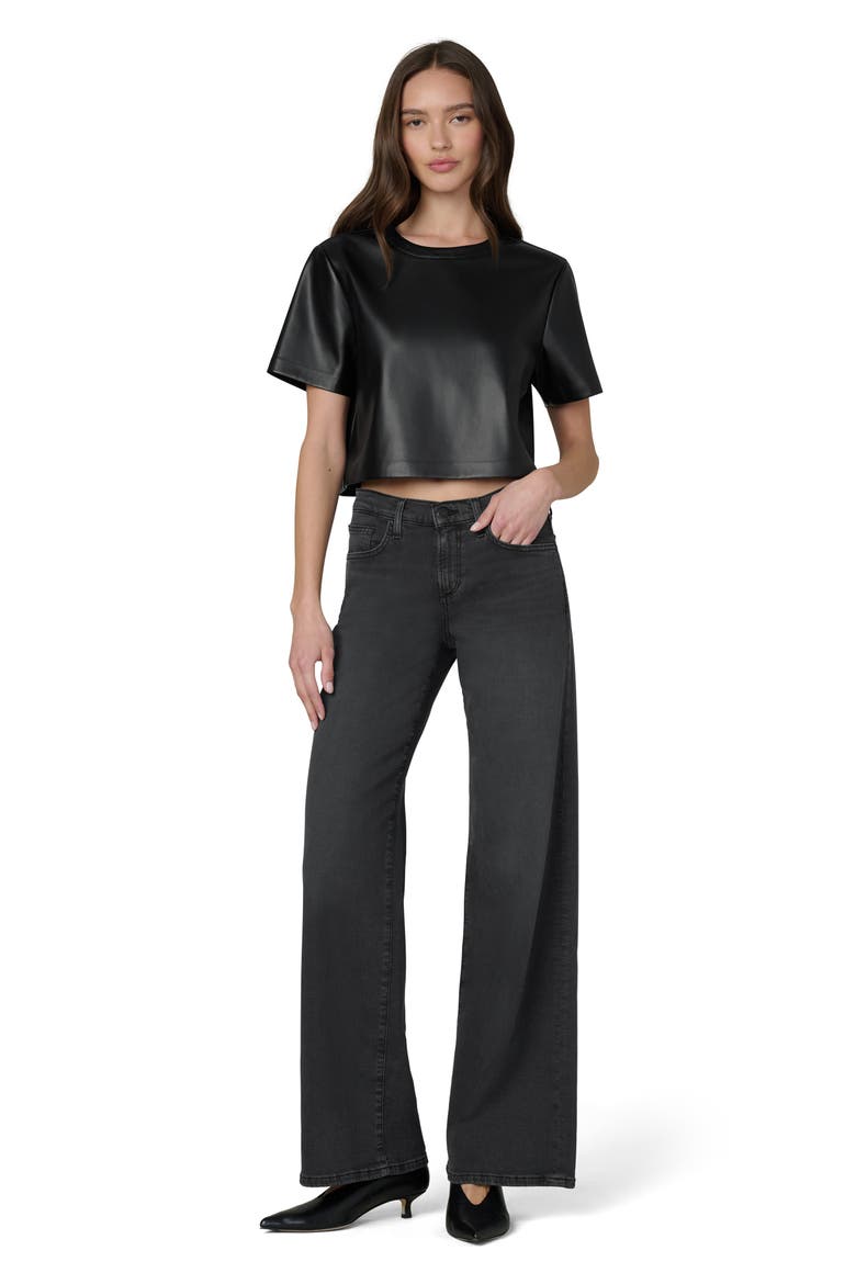 The Boxy Crop Faux Leather T-Shirt, Alternate, color, BLACK