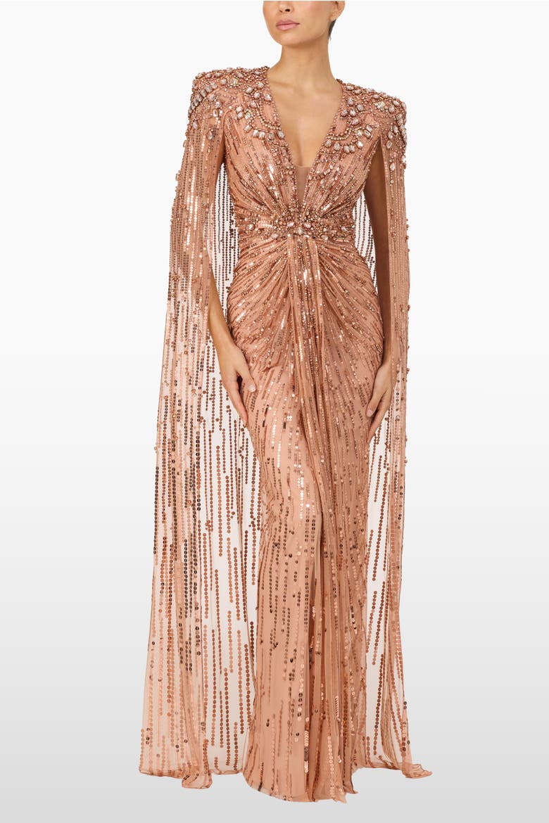 Lotus Lady Sequin-Embellished Cape Gown, Alternate, color, Sable