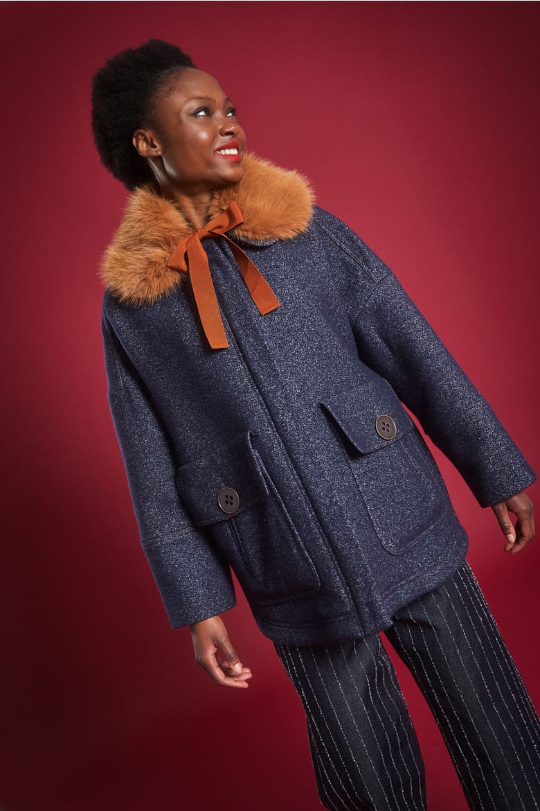 Double Coat In Jeans Look With Fake Fur Collar, Alternate, color, Denim Blue