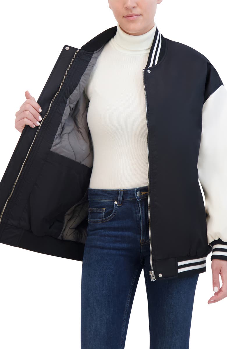 Hudson Jeans Oversize Faux Leather Sleeve Varsity Jacket, Alternate, color, Black