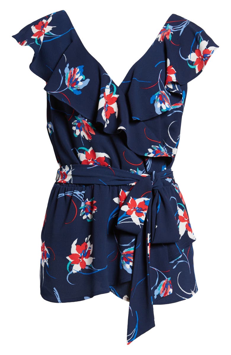 Halogen<sup>®</sup> Ruffled Tie Waist Top, Alternate, color, Navy Print