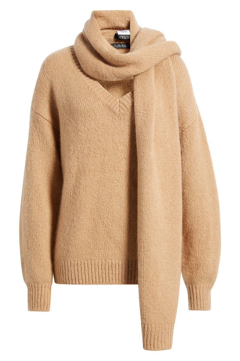 V-Neck Sweater & Scarf Set, Main, color, CAMEL BEIGE