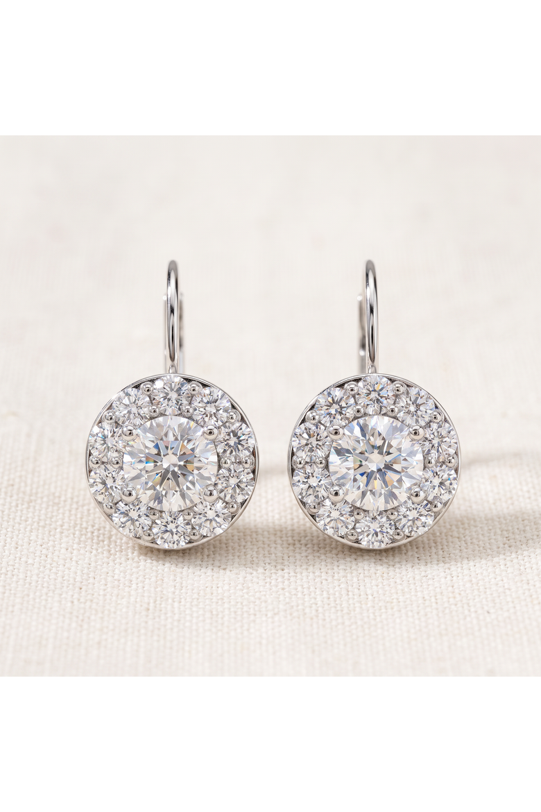 1.90Ct Halo Diamond Studs With Lever Backs Lab Grown Hoops Small 1/2" Tall, Alternate, color, Silver