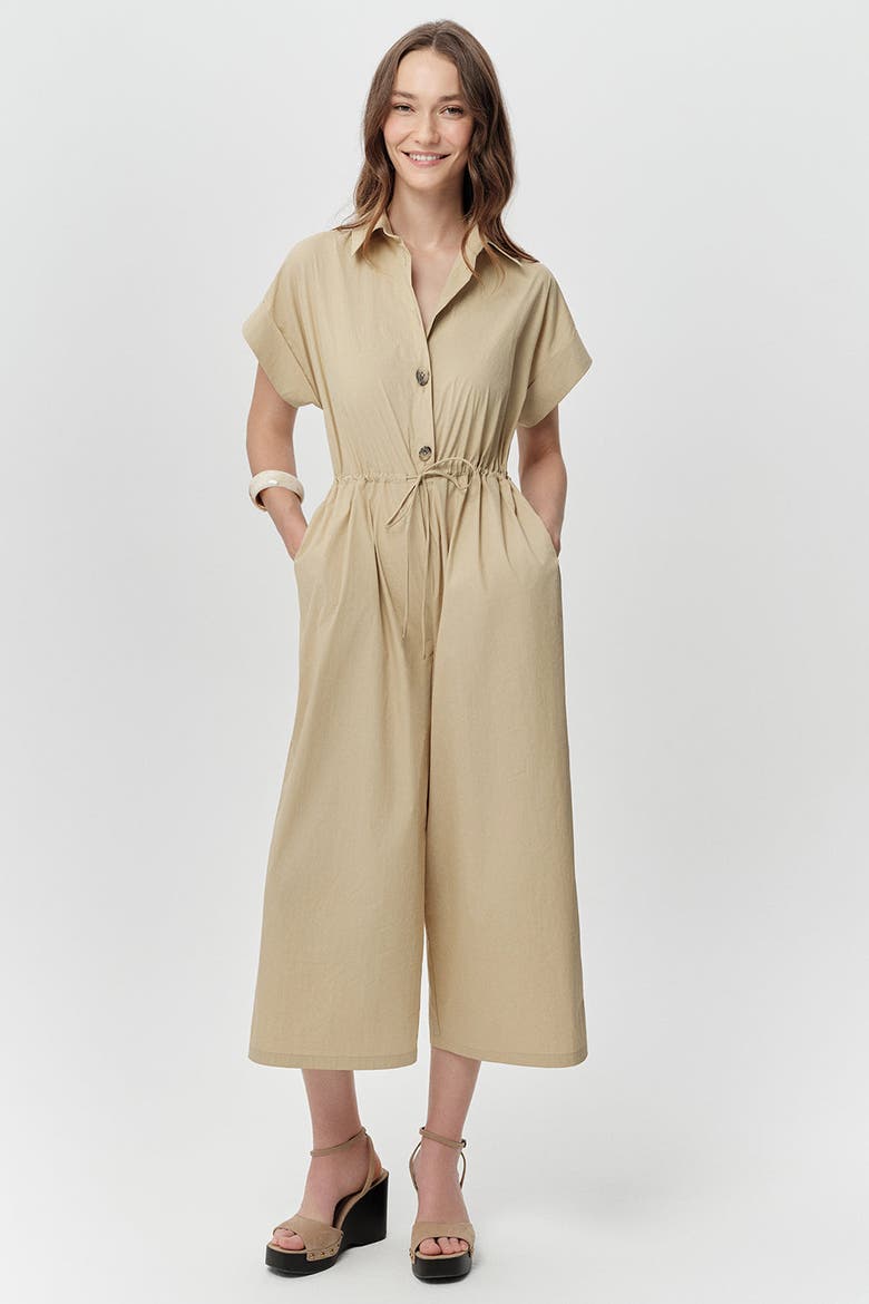 Nixie Shirt Collar Short Sleeve Drawstring Waist Jumpsuit, Main, color, Beige
