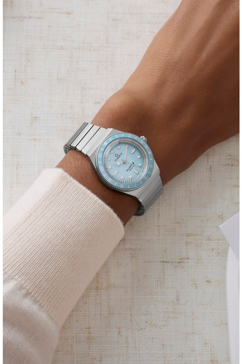 Q Timex® Mini 30mm Stainless Steel Expansion Band Watch, Alternate, color, ICE BLUE/ SILVER-TONE