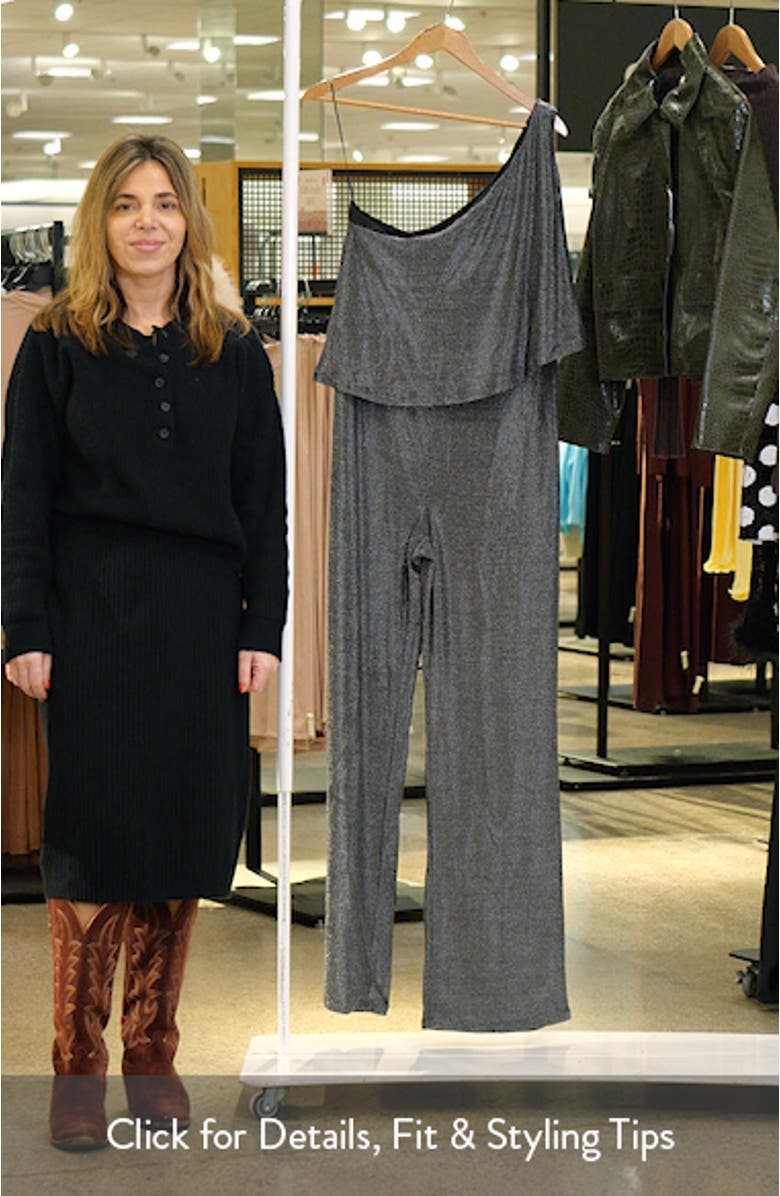 Anna Metallic One-Shoulder Flare Jumpsuit, sales video thumbnail