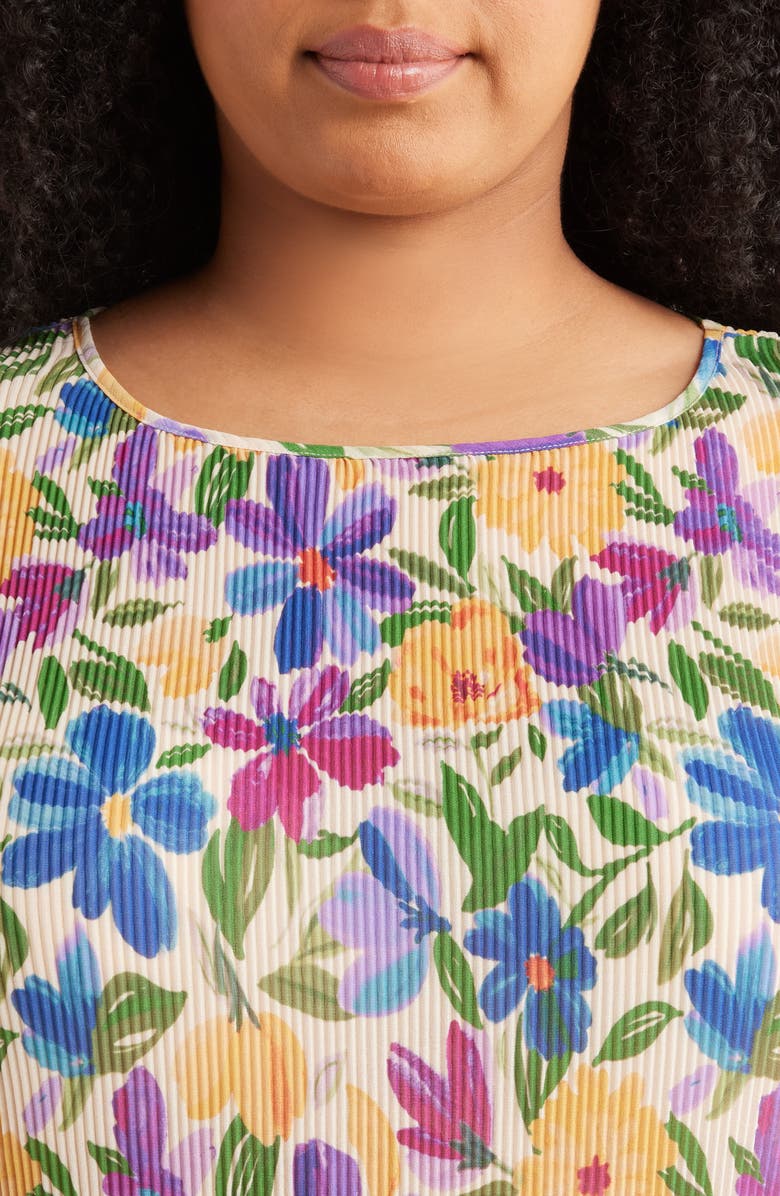 Tahari ASL Floral Plissé Cap Sleeve Top, Alternate, color, Sand Jungle