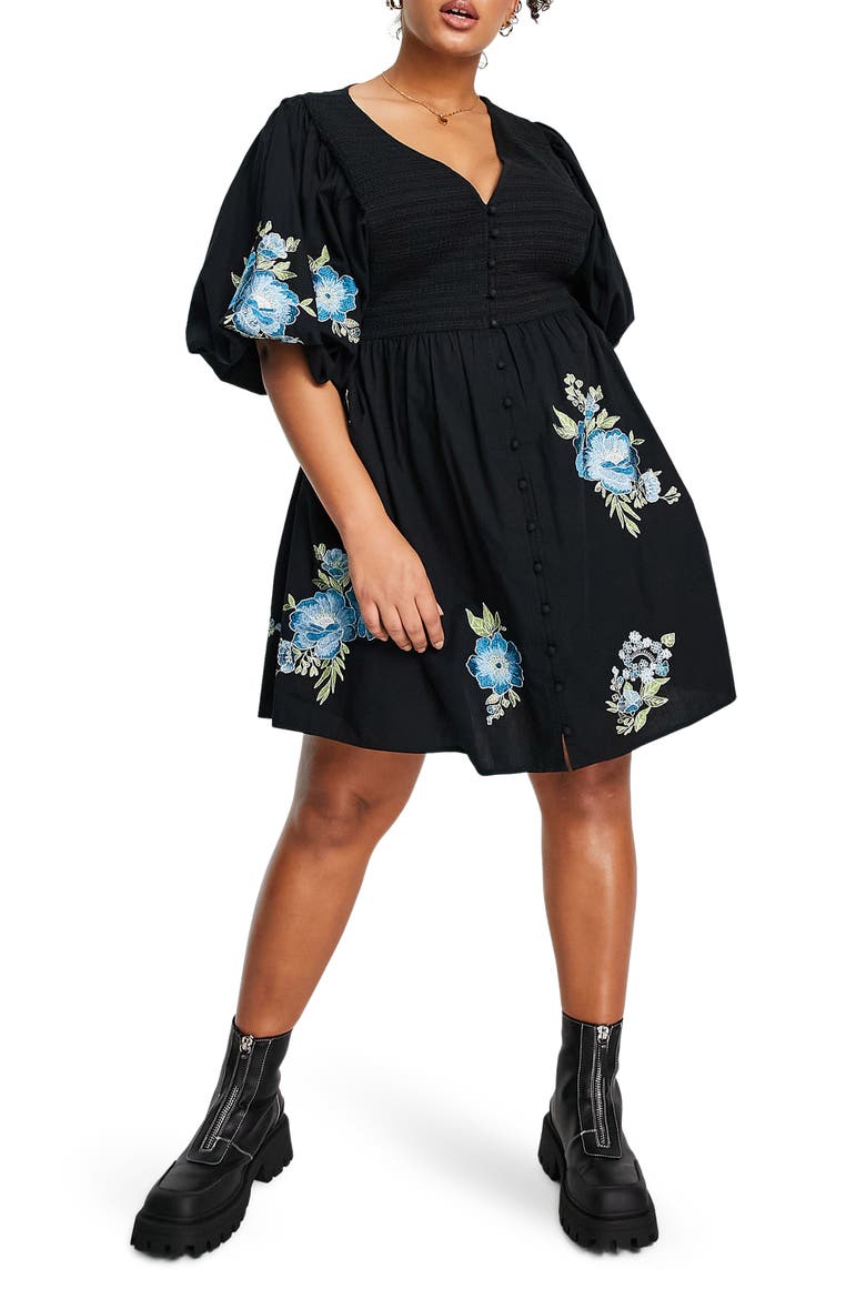 Curve Floral Embroidered Shirred Minidress, Main, color, BLACK