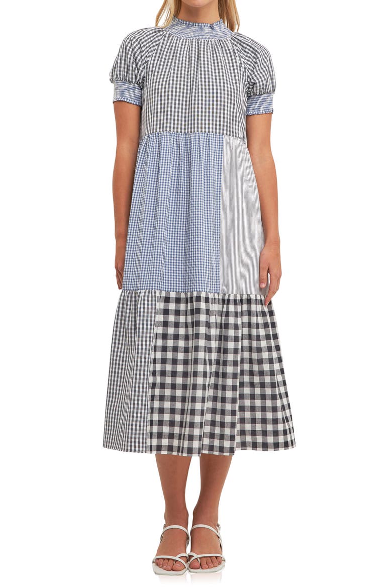 Patchwork Gingham Midi Dress, Alternate, color, BLACK MULTI