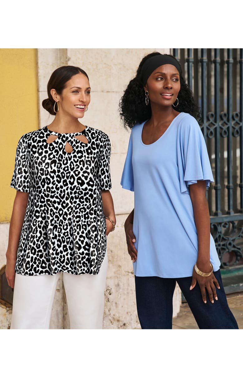 Jessica London Stretch Knit Cutout Swing Tunic, Alternate, color, Mocha Graphic Floral