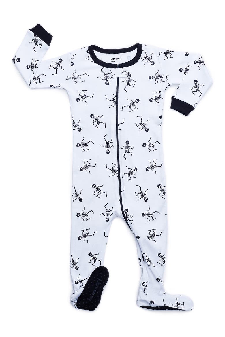 Skeleton Print Cotton Footed Pajamas, Main, color, WHITE