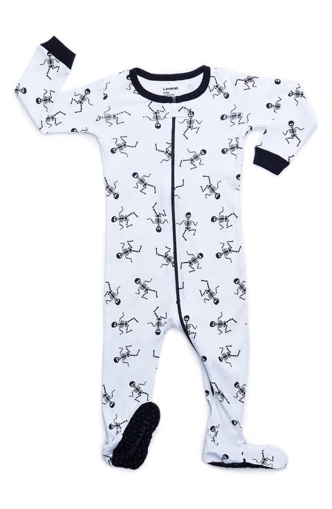LEVERET Skeleton Print Cotton Footed Pajamas