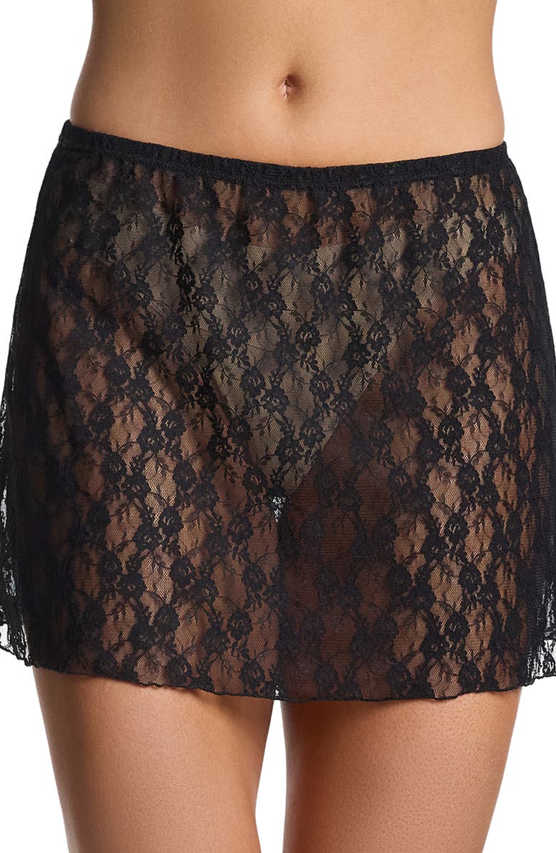 Hanky Panky x Lexi Wood Alina Sheer Lace Slip Miniskirt, Main, color, Black