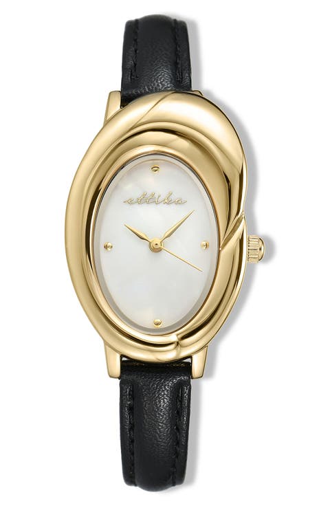 Sculpted Oval Leather Strap Watch