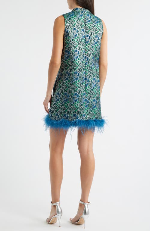 Lucy Paris Alyssa Jacquard Feather Trim Sleeveless Minidress In Blue