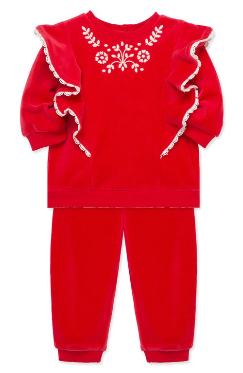 LITTLE ME LITTLE ME EMBROIDERED RUFFLE VELOUR TOP & JOGGERS SET