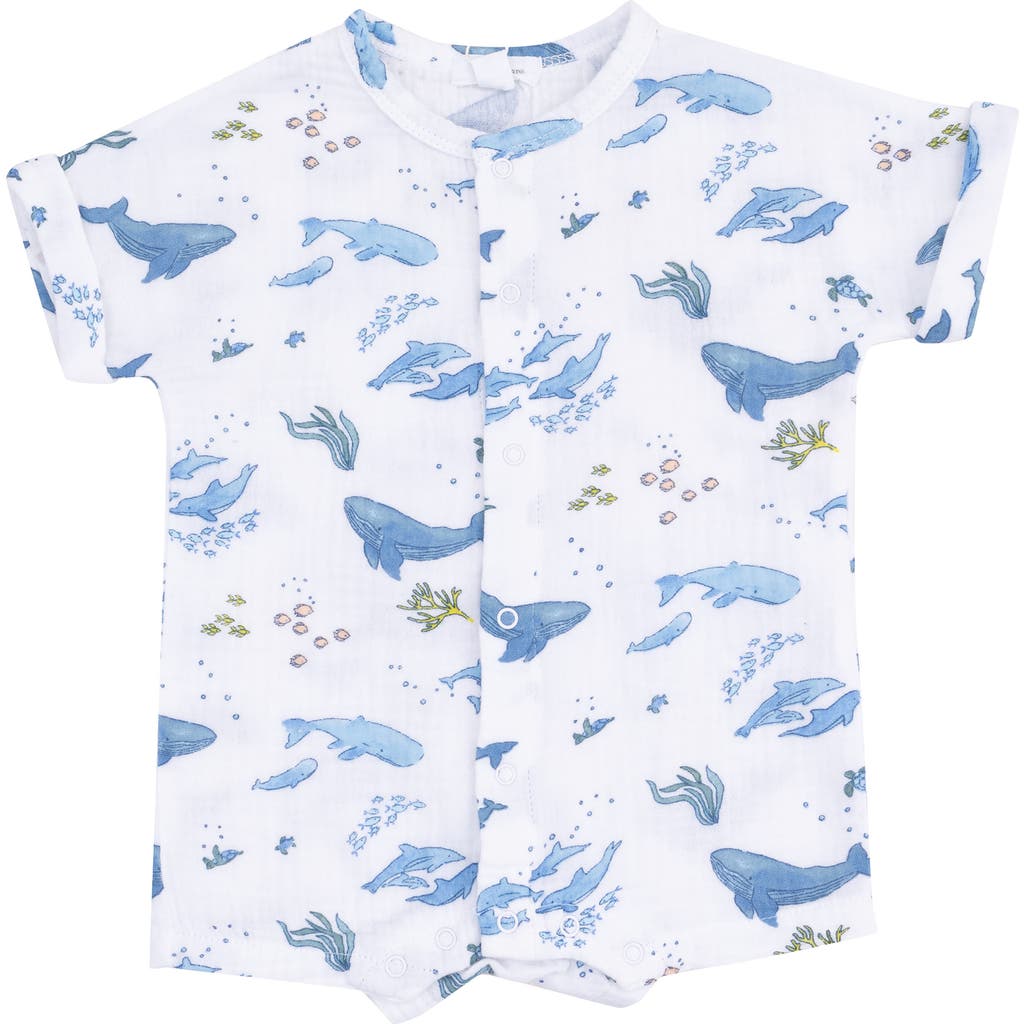 Angel Dear Whale Print Organic Cotton Gauze Romper In Blue