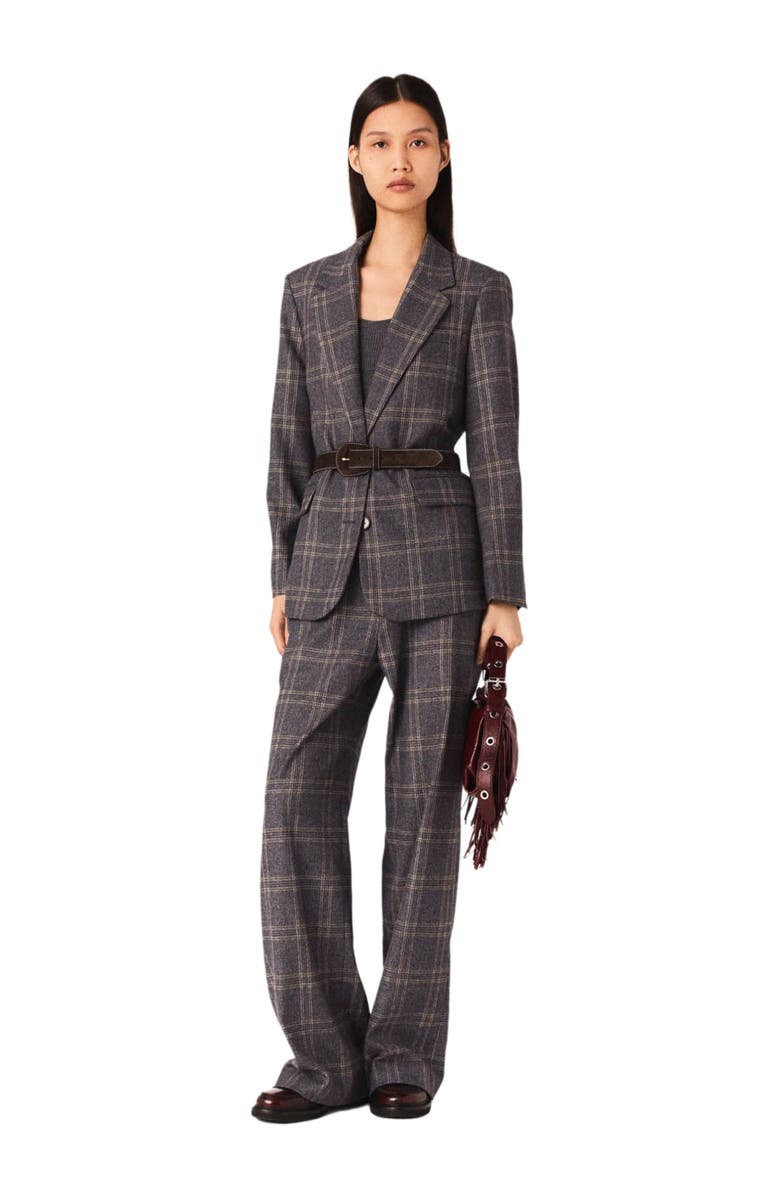 maje Checkered belted suit jacket, Main, color, Grey