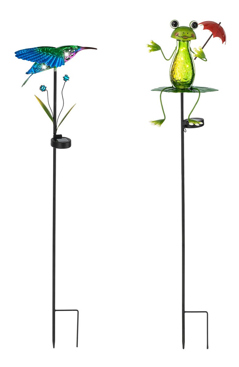 Glitzhome Set of 2 36"H Solar Hummingbird & Frog Yardstakes, Main, color, Green