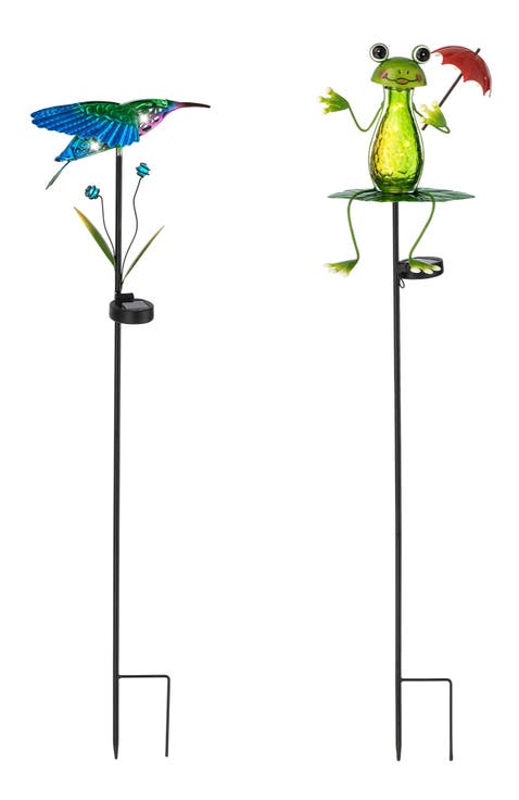 Set of 2 36"H Solar Hummingbird & Frog Yardstakes
