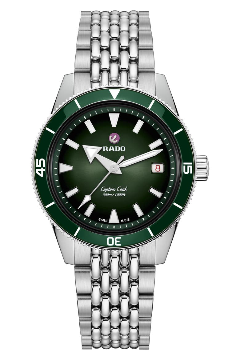Captain Cook Gradient Automatic Bracelet Watch, 42mm, Main, color, BLACK TO GREEN GRADIENT