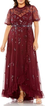 Mac Duggal High Neck Puff Short Sleeve Embellished Faux Wrap
