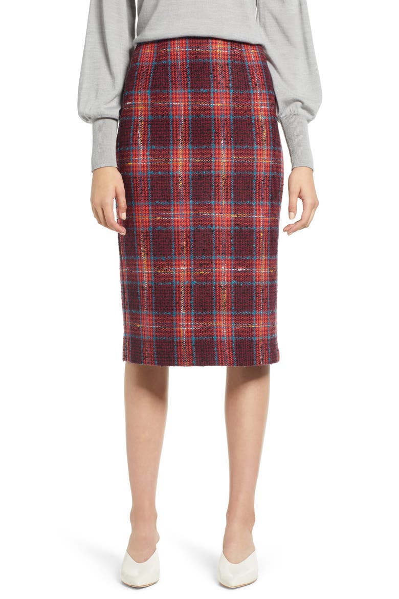 Plaid Tweed Pencil Skirt, Main, color, RED MULTI PLAID