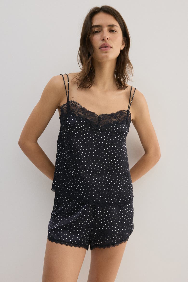 Lace-trimmed Satin Pyjamas, Alternate, color, Black/polka dot