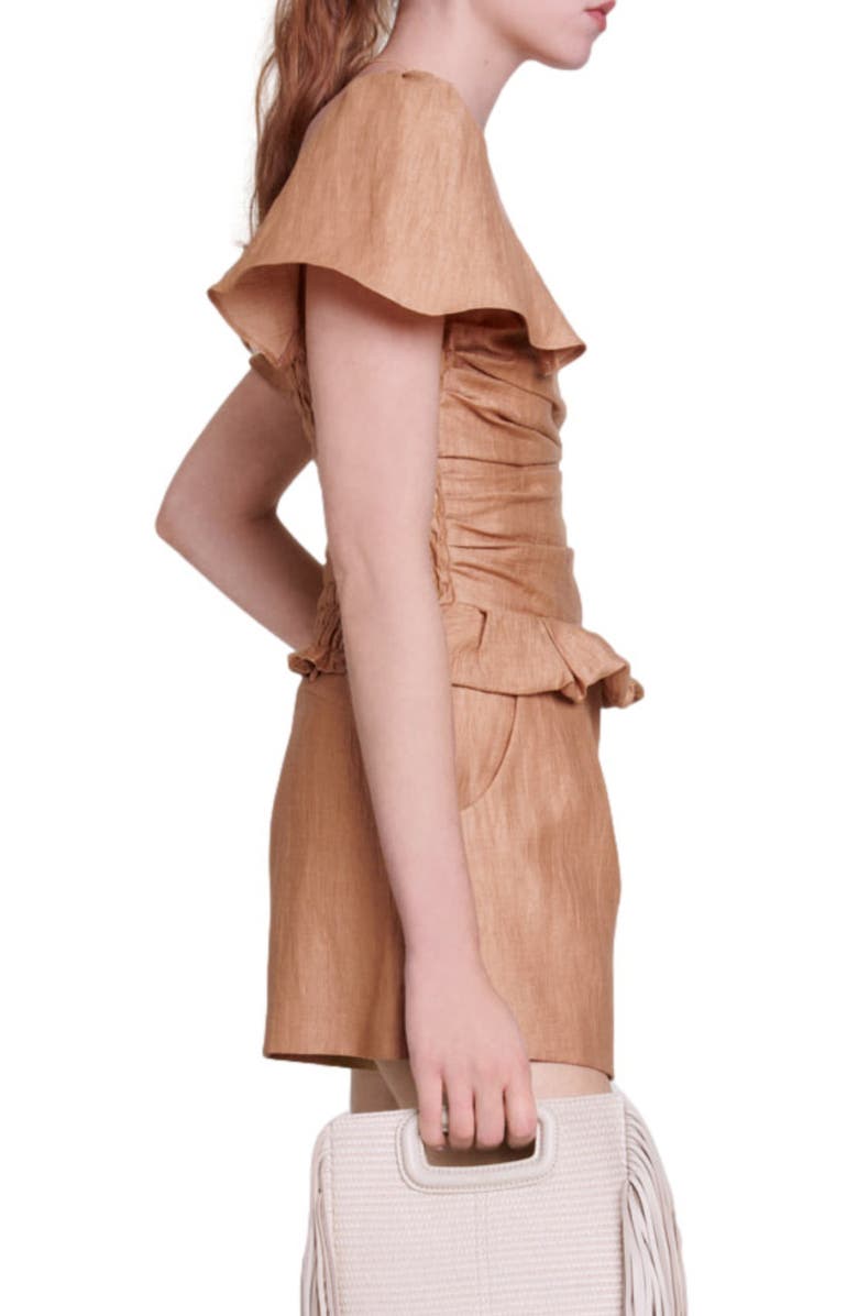 maje Lostan Smocked Ruffle Linen Blend Top, Alternate, color, 