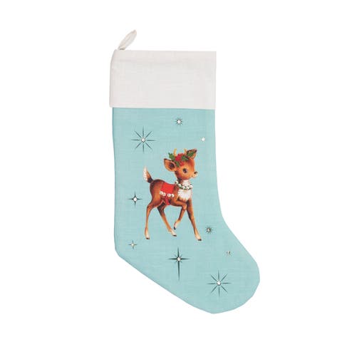 Baby Reindeer 100% Cotton Light Blue Hanging Christmas Stocking 20"