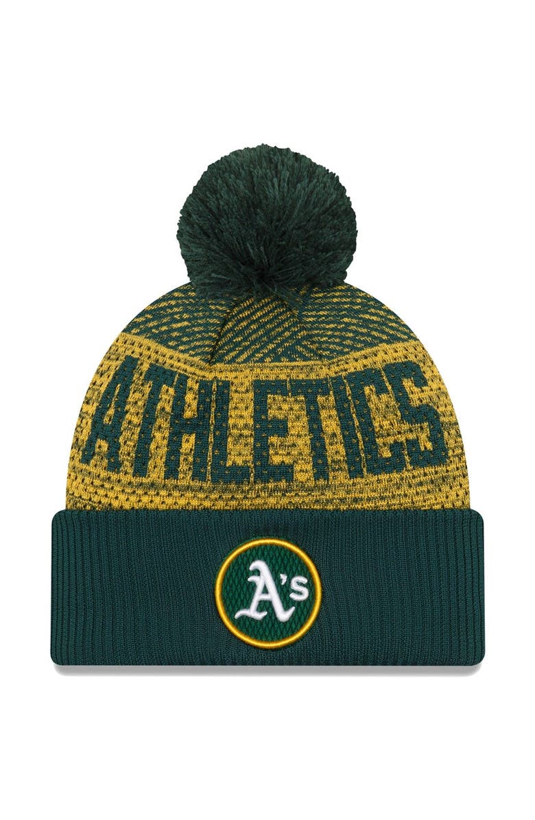 New Era Men's New Era Green Oakland Athletics Authentic Collection Sport Cuffed Knit Hat with Pom, Main, color, Green