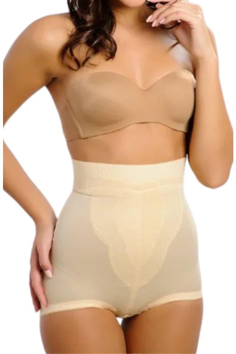 Medium Support High Waist Panty Brief with Tulip Front Panel Memory Compression Fabric, Main, color, Beige