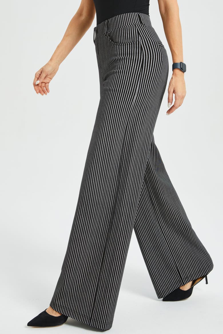 7 Pocket High Waist DPYP Dress Pant Yoga Pants Wide Leg, Alternate, color, Black Beige Pinstripe
