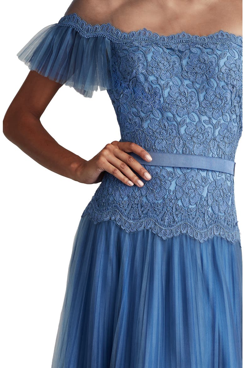 Mixed Media Lace & Tulle Cocktail Midi Dress, Alternate, color, BLUE STONE