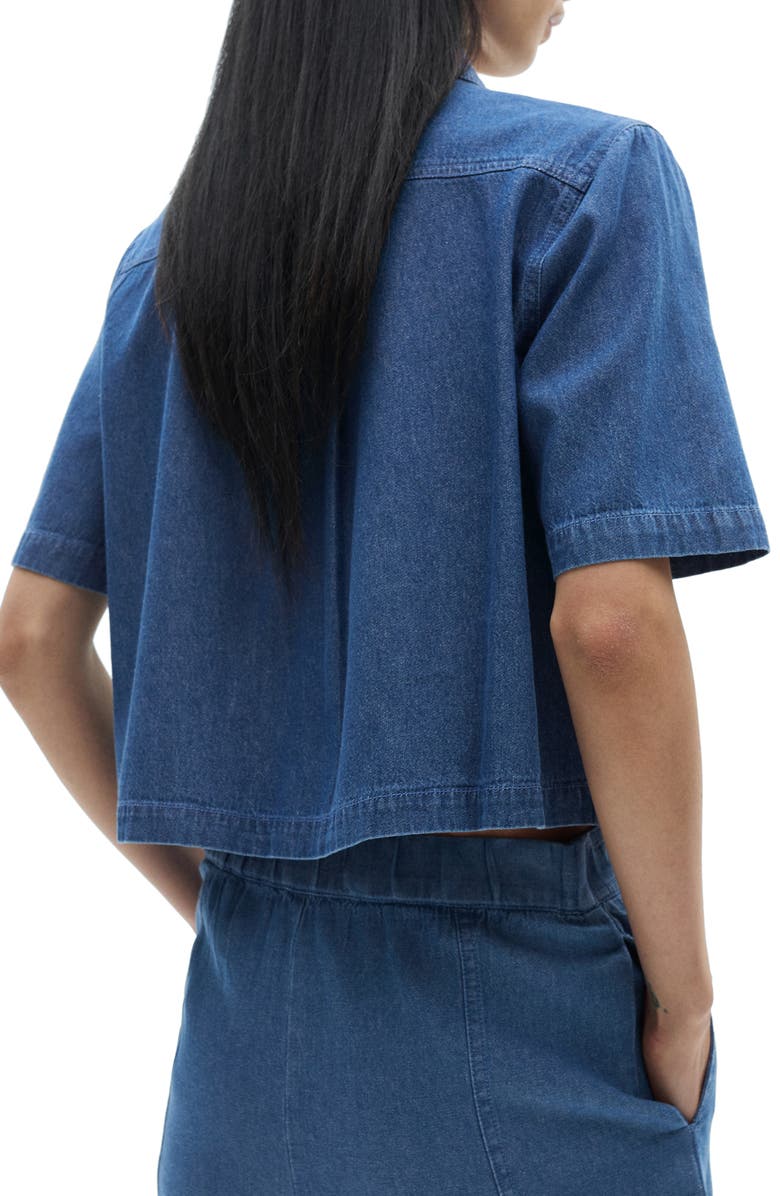 MANGO Crop Short Sleeve Denim Shirt, Alternate, color, Medium Blue