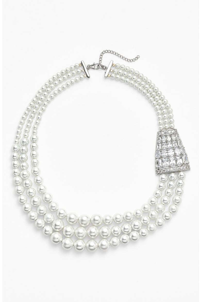 'Zandra' Crystal Accent Faux Pearl Necklace, Main, color, SILVER/ CLEAR