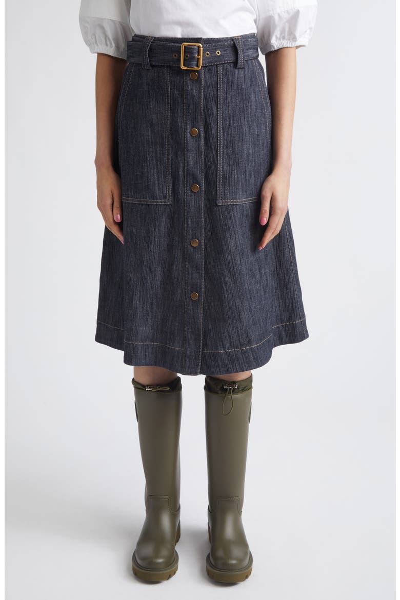 Belted Denim Midi Skirt, Main, color, BLUE