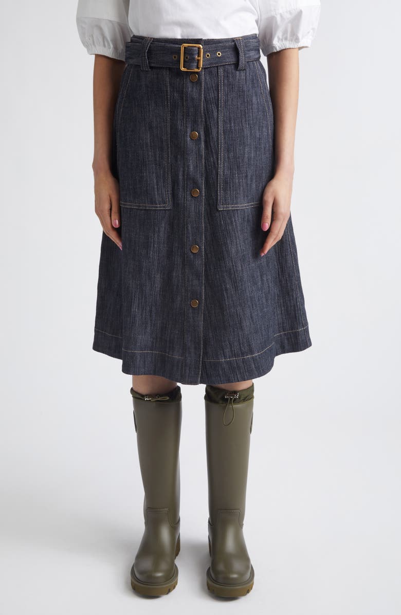 Moncler Belted Denim Midi Skirt, Main, color, Blue