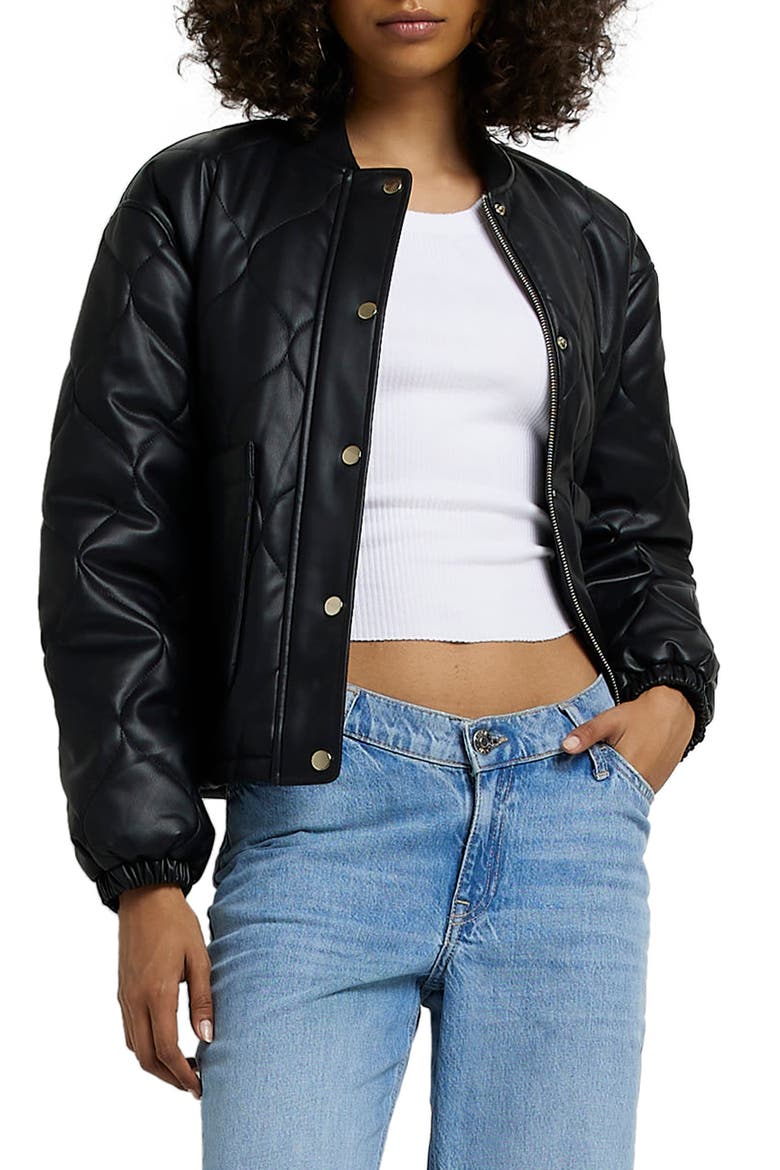Quilted Faux Leather Bomber Jacket, Main, color, BLACK