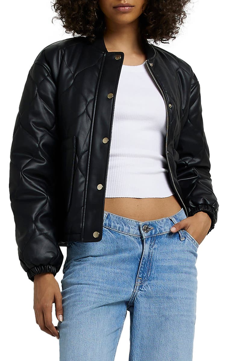 River Island Quilted Faux Leather Bomber Jacket, Main, color, 