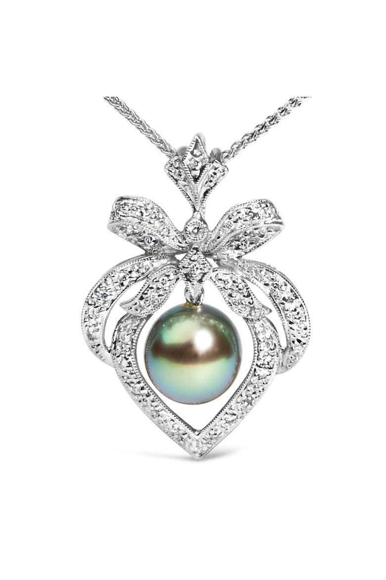 18K 3/4 Cttw Diamond Cultured Black Tahitian Pearl Heart Pendant Necklace, Alternate, color, White